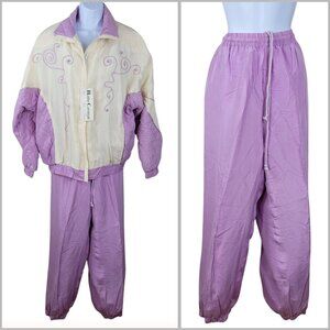 NEW Vintage 90s 100% Silk Track Sweat Suit Set Medium Jacket Pants Purple White